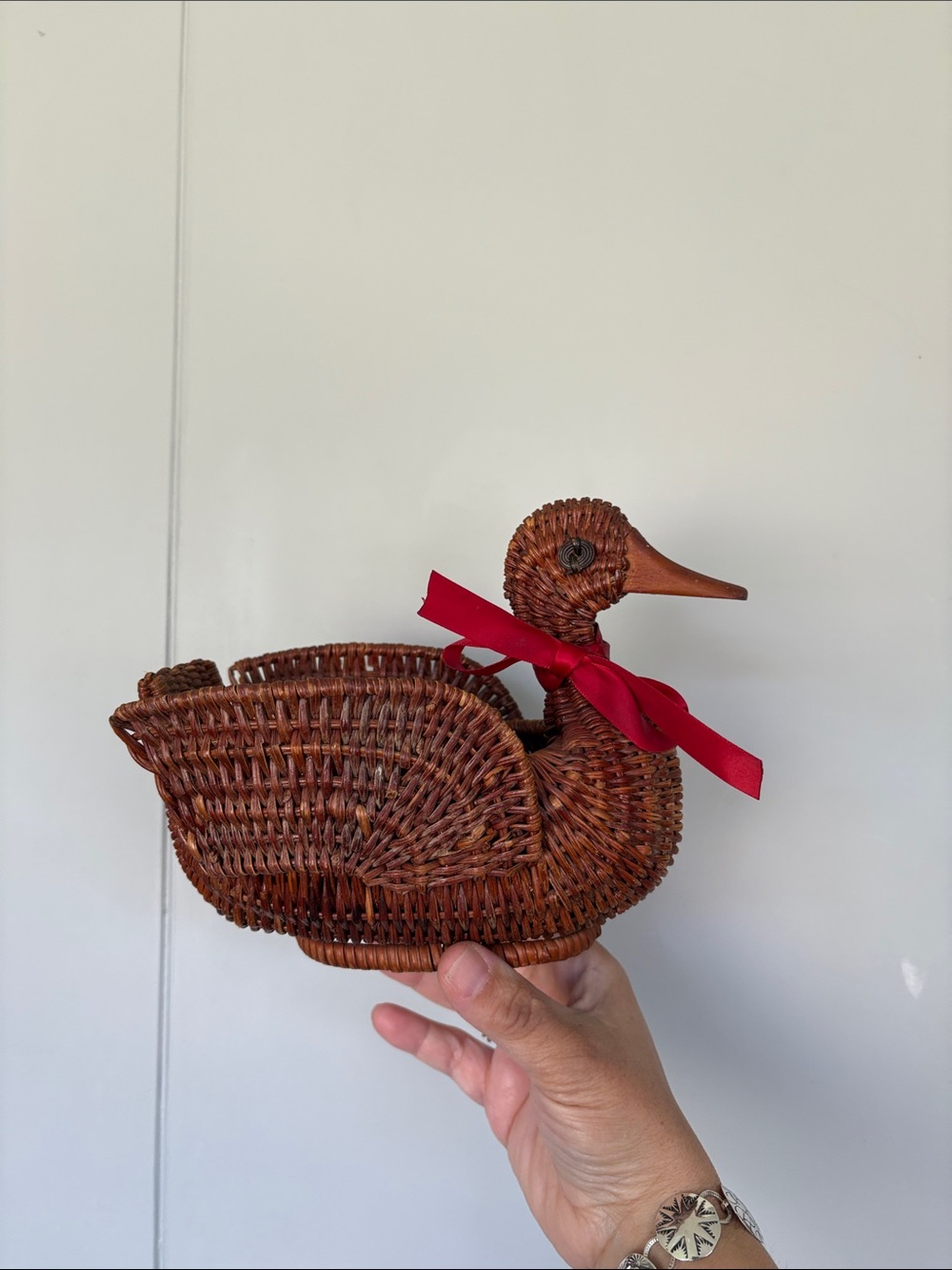 Vintage Wicker Duck Basket with Red Bow